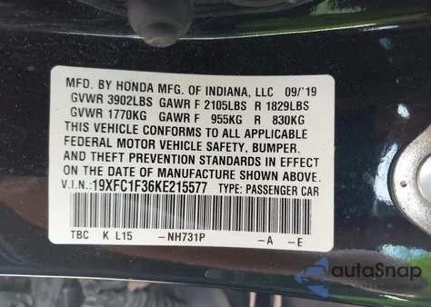 2019 Honda Civic Ex from USA, damaged, VIN 19XFC1F36KE215577